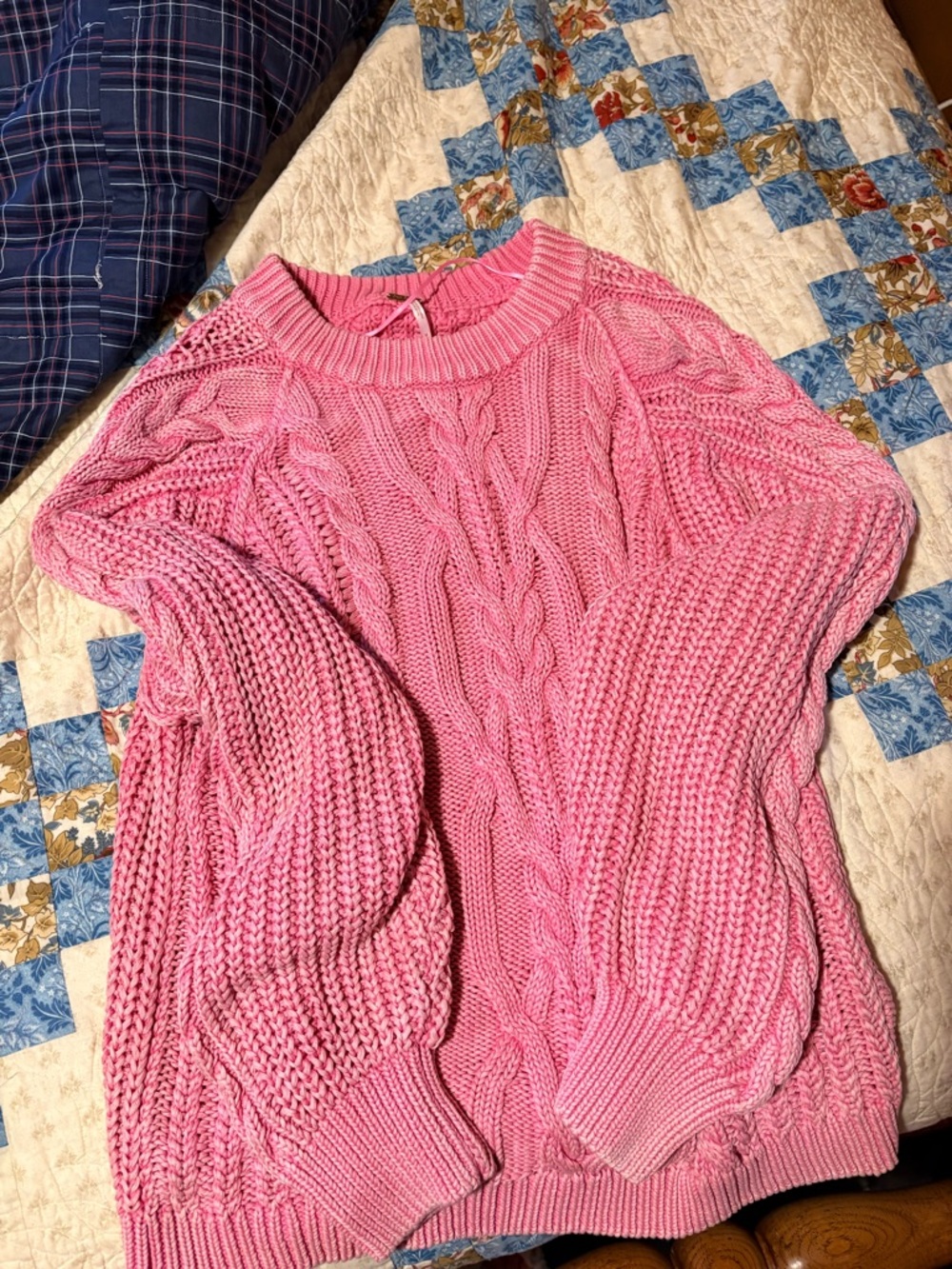 Free People Pink Cable Knit Crewneck Sweater